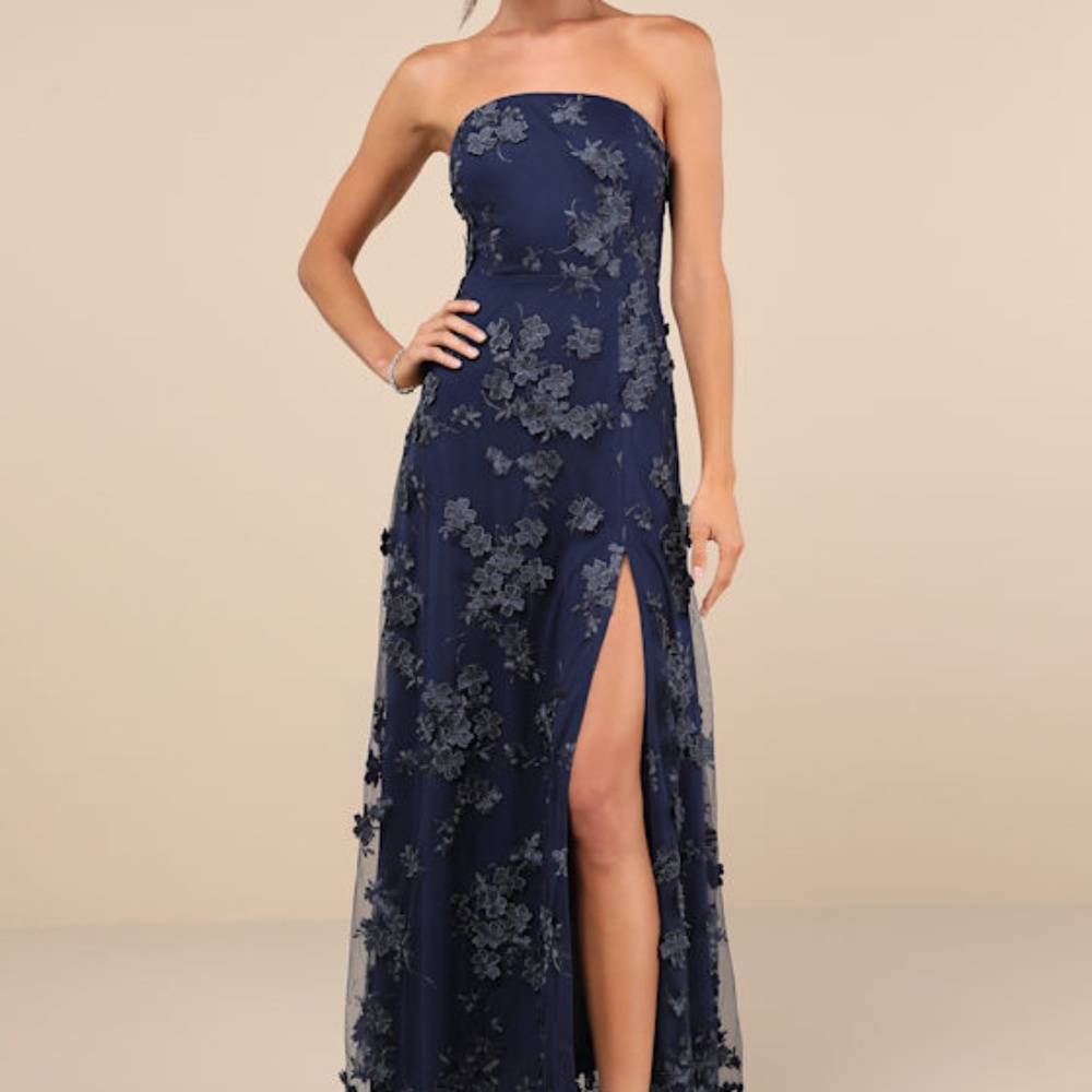 Lulus Rare Presence Navy Blue 3d Floral Embroidered Maxi Dress - Size XL